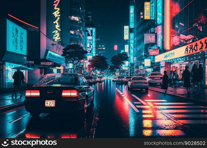 Neon night city street in Tokyo. Generative AI. High quality illustration. Neon night city street in Tokyo. Generative AI