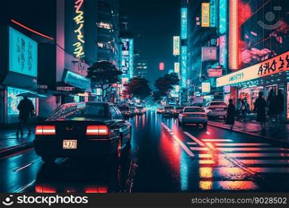 Neon night city street in Tokyo. Generative AI. High quality illustration. Neon night city street in Tokyo. Generative AI