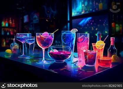Neon night club cocktails. Food drink. Generate Ai. Neon night club cocktails. Generate Ai