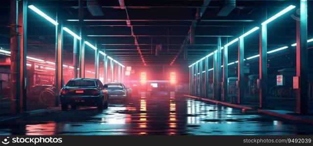 Neon Night Lights In City Garage parking