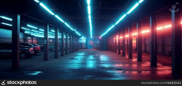 Neon Night Lights In City Garage parking