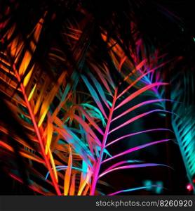 Neon palm leaves. Illustration  Generative AI 