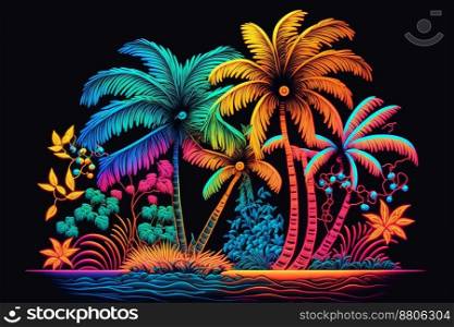 neon palm leaves on black background