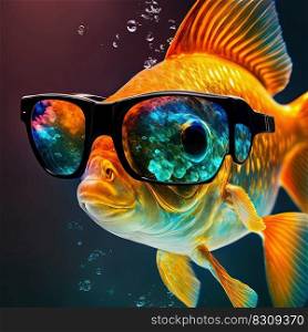 Neon party goldfish in sunglasses. Pop art style fish portrait. Neon goldfish in sunglasses. Pop art style fish portrait