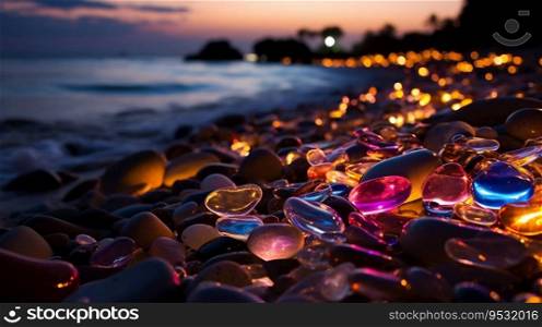 Neon Pebbles Glowing on Night Beach. Generative ai. High quality illustration. Neon Pebbles Glowing on Night Beach. Generative ai