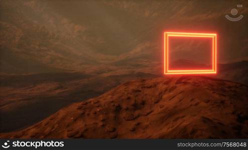 Neon Portal on Mars Planet Surface With Dust Blowing