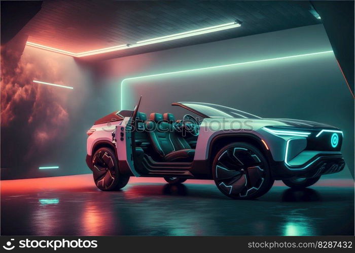 Neon racing sport car demonstrated innovative showroom. Concept of futuristic electrical alternative energy vehicle. Finest generative AI.. Neon racing sport car demonstrated innovative showroom.