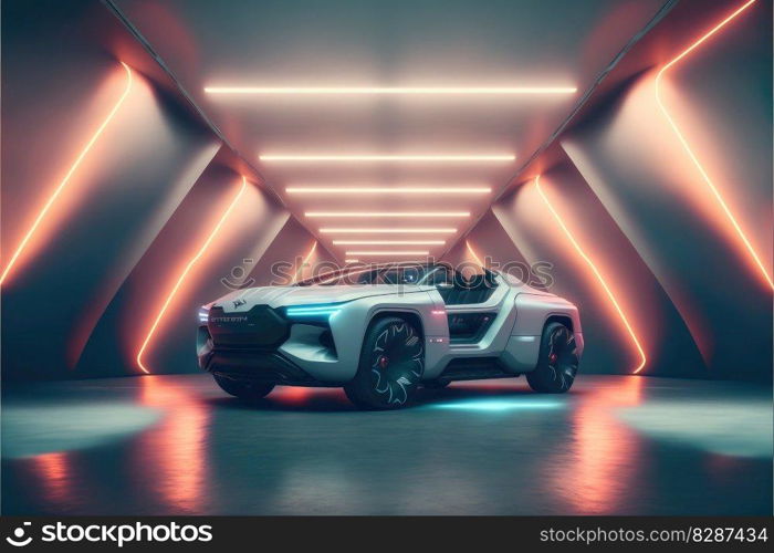 Neon racing sport car demonstrated innovative showroom. Concept of futuristic electrical alternative energy vehicle. Finest generative AI.. Neon racing sport car demonstrated innovative showroom.