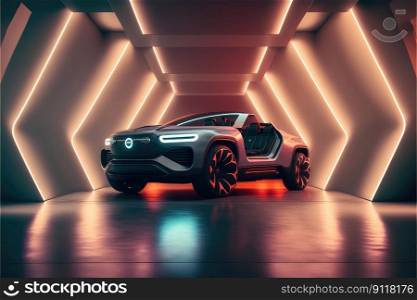 Neon racing sport car demonstrated innovative showroom. Concept of futuristic electrical alternative energy vehicle. Finest generative AI.. Neon racing sport car demonstrated innovative showroom.