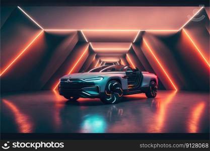 Neon racing sport car demonstrated innovative showroom. Concept of futuristic electrical alternative energy vehicle. Finest generative AI.. Neon racing sport car demonstrated innovative showroom.