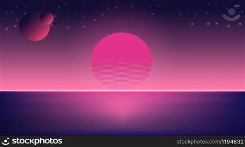 Neon Retro poster background. 80s style. Sea surface horizon, planets and the pink sun at sunset glow. Abstract future vector illustration. Dark music sunset wallpaper