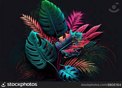 Neon tropical leaves. Color exotic tree and plant leaf