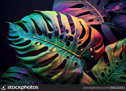 Neon tropical monstera leaf background. Illustration Generative AI 