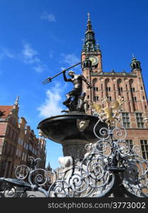 Neptune Fountain and the Main Town Hall in city Gdansk - Poland