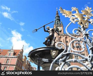Neptune Fountain and the Main Town Hall in city Gdansk - Poland