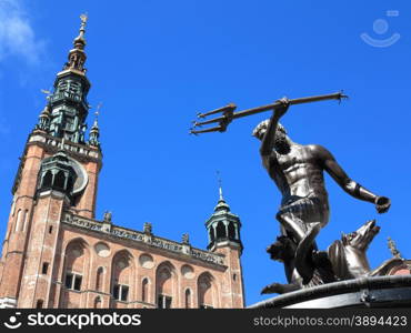 Neptune Fountain and the Main Town Hall in city Gdansk - Poland
