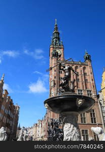 Neptune Fountain and the Main Town Hall in city Gdansk - Poland