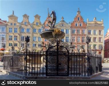 Neptune Fountain in the historic center of Gdansk.. Gdansk. Sculpture of Neptune.