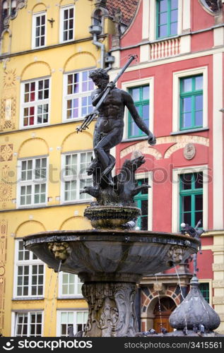 Neptune Fountain (Poseidon in Greek mythology), bronze statue of the Roman God of the Sea in the Old Town of Gdansk, Poland