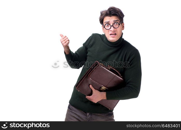 Nerd businessman with briefcase isolated on white