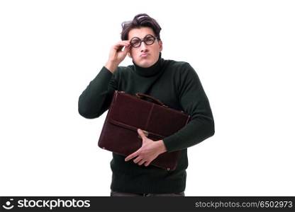 Nerd businessman with briefcase isolated on white