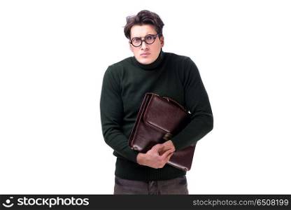 Nerd businessman with briefcase isolated on white