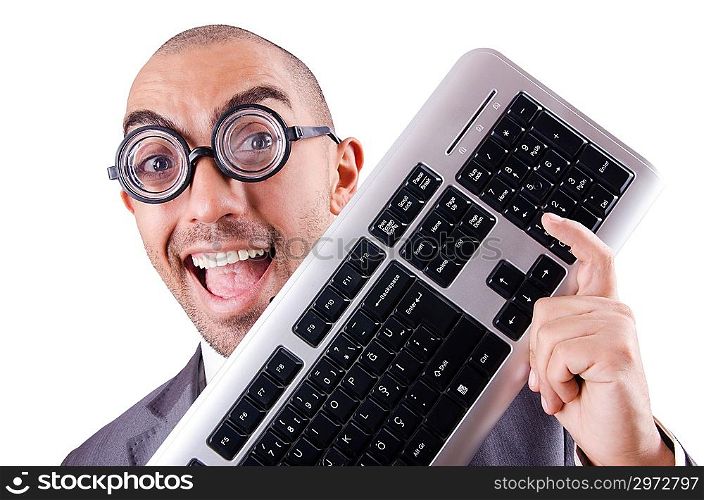 Nerd businessman with computer keyboard on white