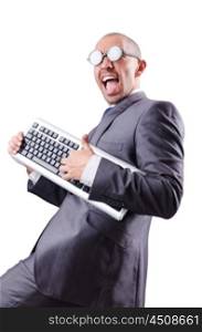 Nerd businessman with computer keyboard on white
