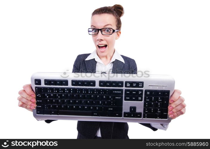 Nerd businessman with computer keyboard on white