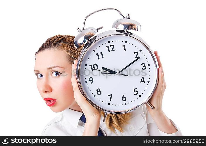 Nerd businesswoman with gian alarm clock