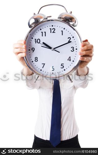 Nerd businesswoman with gian alarm clock