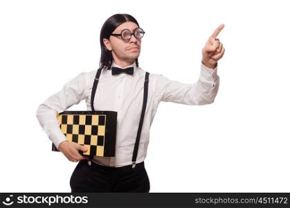 Nerd chess player isolated on white