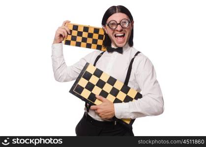 Nerd chess player isolated on white