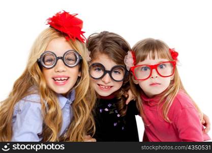 nerd children girl group with glasses and funny expression