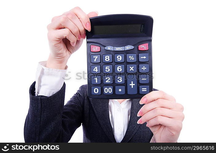 Nerd female accountant with calculator