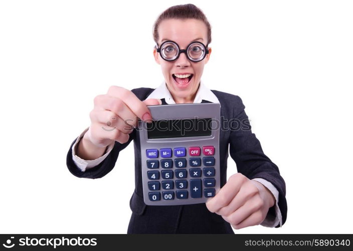 Nerd female accountant with calculator