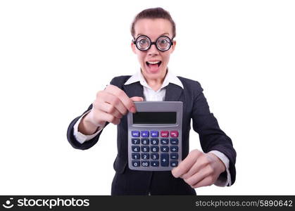 Nerd female accountant with calculator