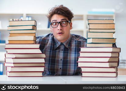 Nerd funny student preparing for university exams