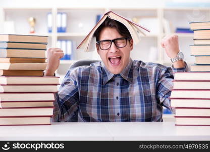 Nerd funny student preparing for university exams