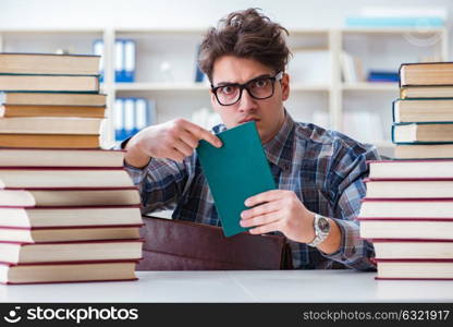 Nerd funny student preparing for university exams