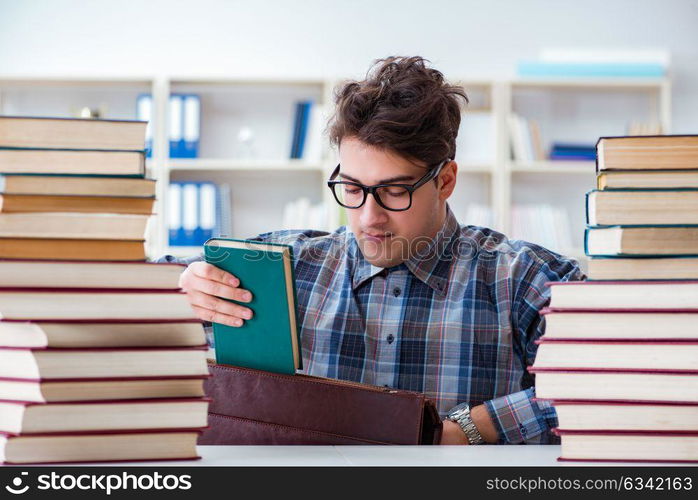 Nerd funny student preparing for university exams