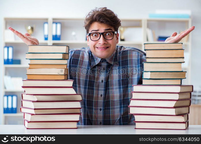 Nerd funny student preparing for university exams