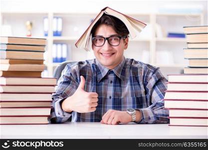 Nerd funny student preparing for university exams