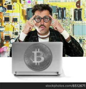 Nerd hacker with Bitcoin BTC glasses in circuit. Funny nerd hacker with Bitcoin BTC mining engineer on circuit background