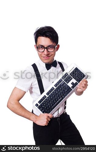 Nerd hacker with computer keyboard on white