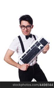 Nerd hacker with computer keyboard on white