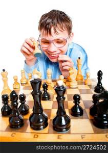 Nerd play chess on a white background