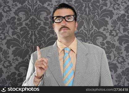 nerd retro businessman raising finger up hand gesture wallpaper background