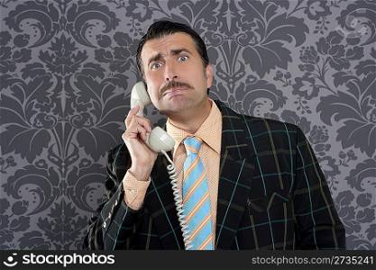 Nerd scared expression businessman telephone call mustache retro