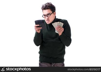 Nerd young man with calculator isolated on white